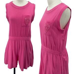 Vintage 80s Romper Embroidered Heart Pocket Sleeveless Crewneck Pink Womens M